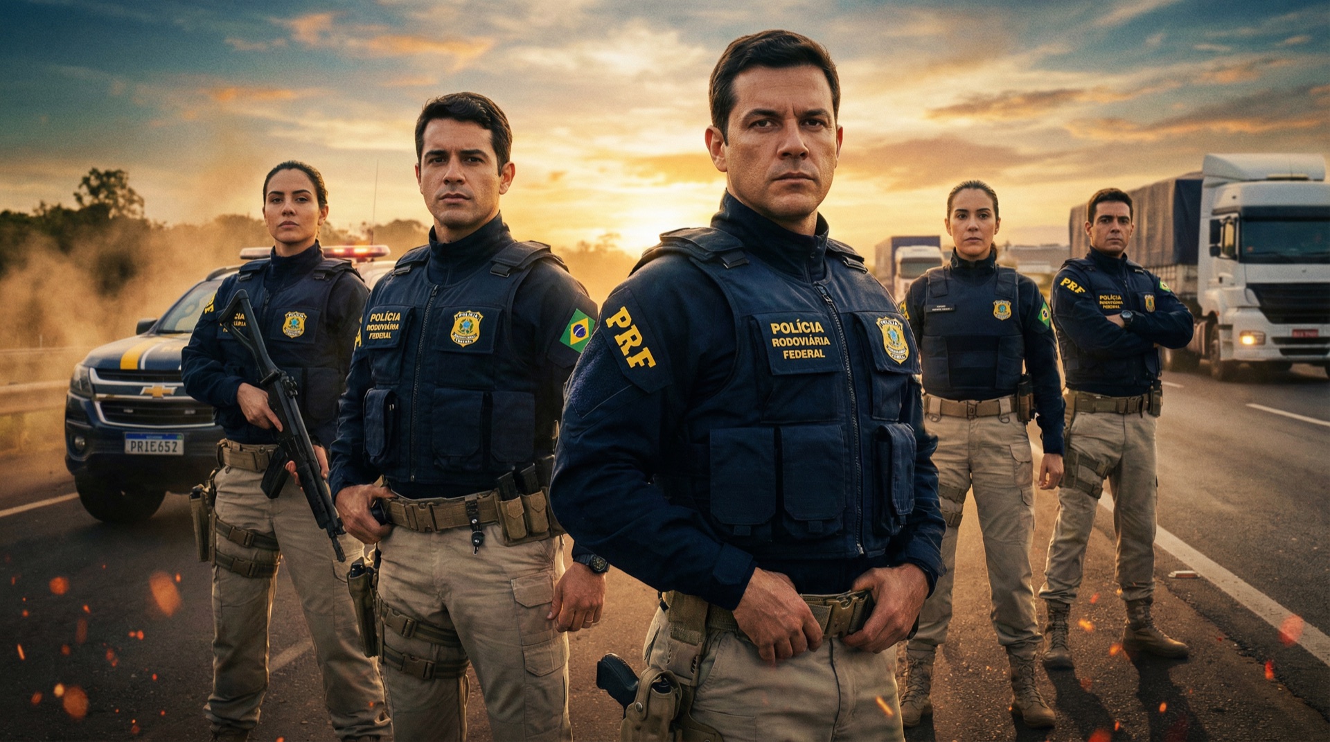 Equipe da Polícia Rodoviária Federal em rodovia ao pôr do sol