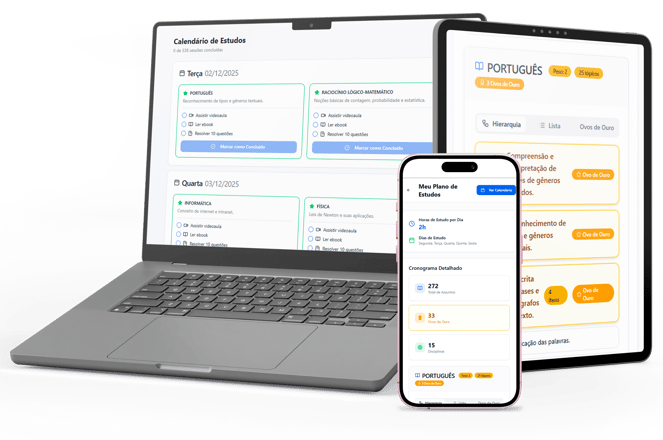 Plataforma Plano Aprovação PRF no notebook, tablet e celular — calendário de estudos, plano detalhado e Ovos de Ouro